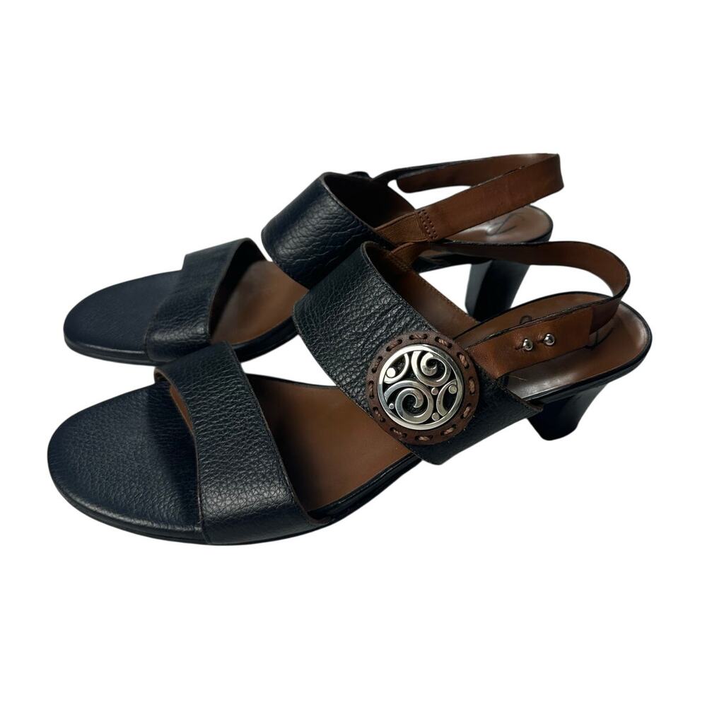 Brighton Town Strappy Heels Womenโ 9 Black Brown Excellent Leather Medallion